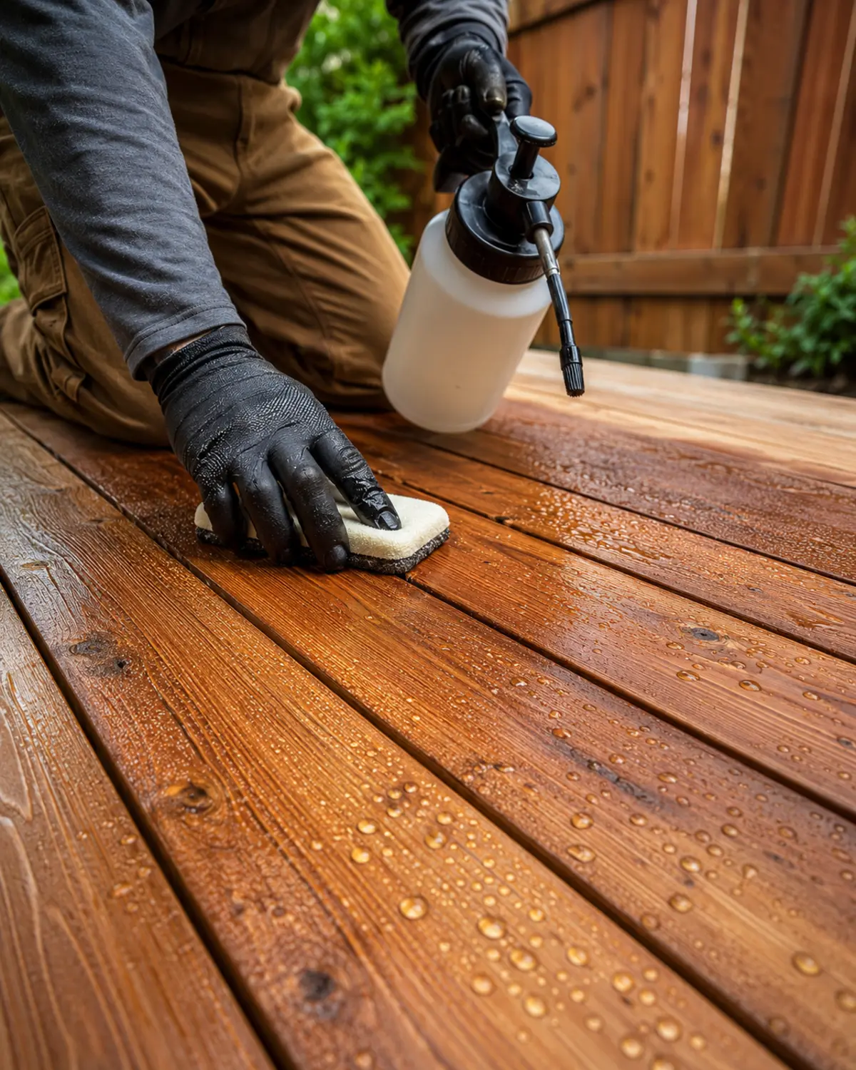 Professional applying clear protective treatment to an exterior cedar deck