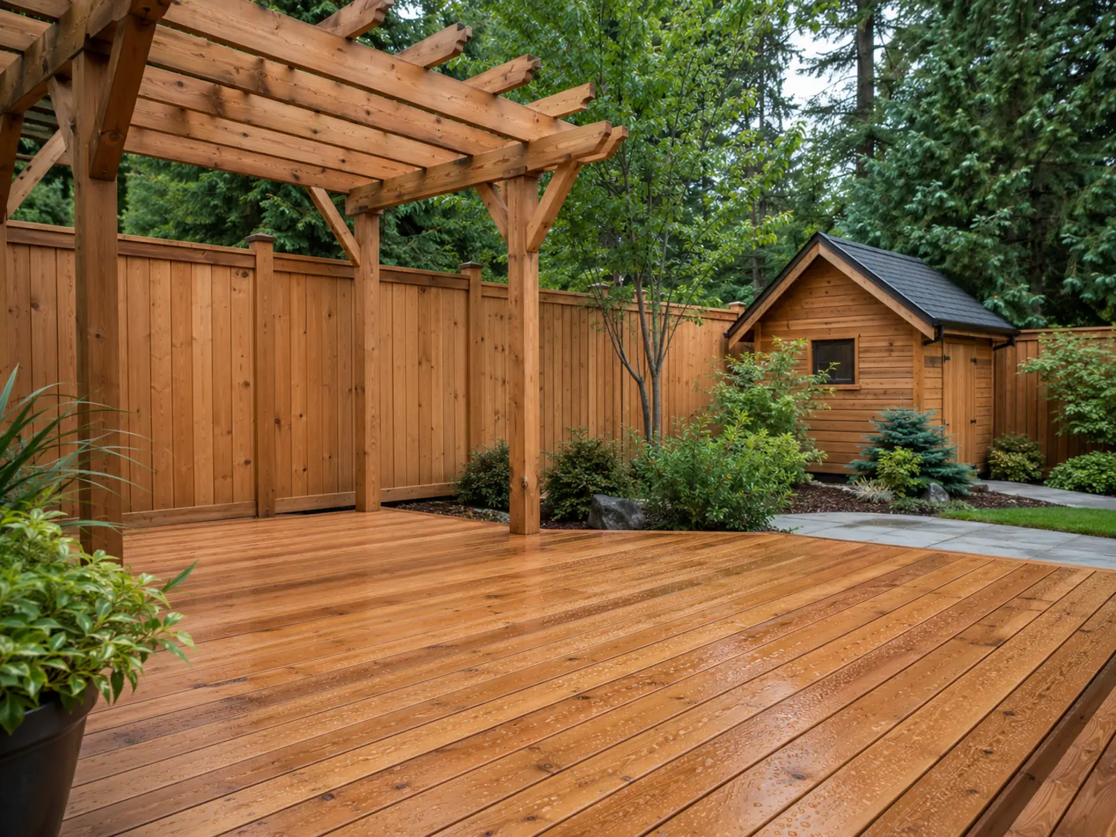 Protected cedar deck, fence, pergola and exterior wood structure
