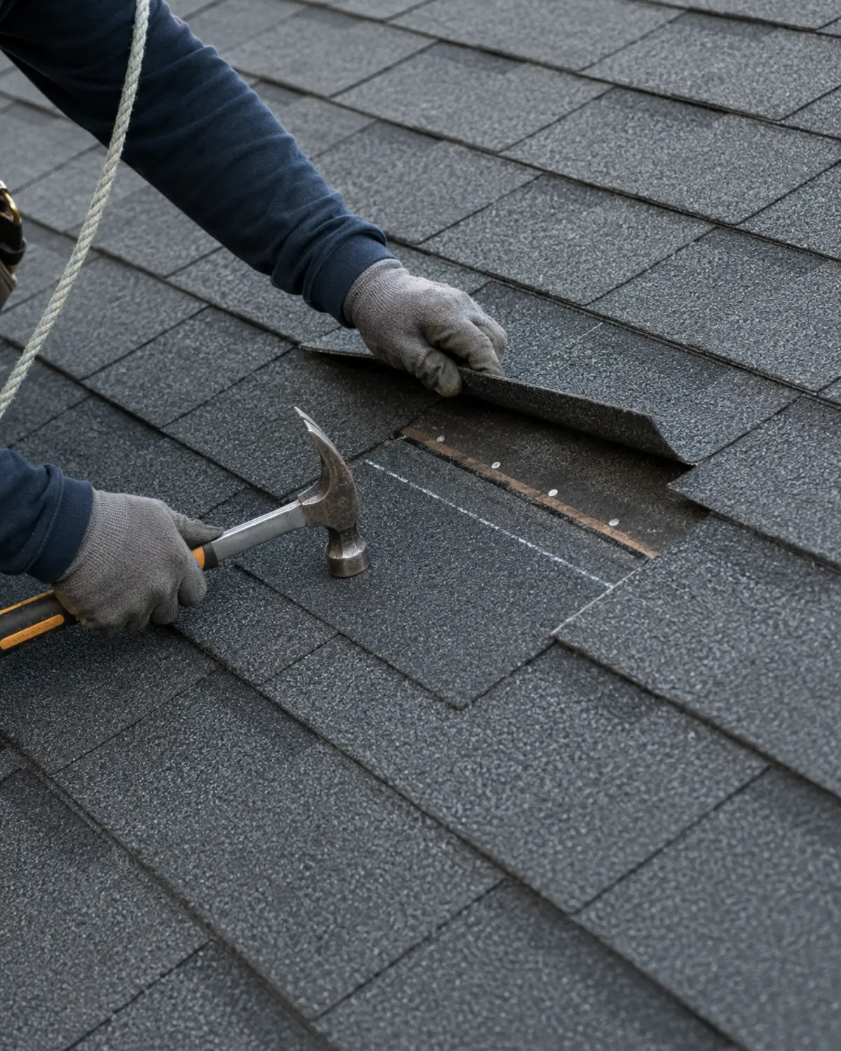 Professional completing a localized asphalt shingle roof repair